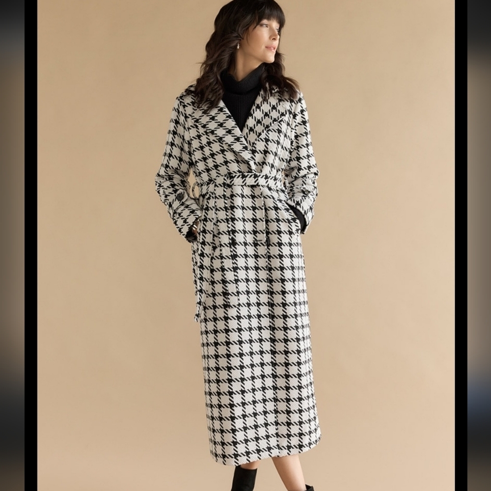 New! Houndstooth Long Jacket BLACK AND WHITE